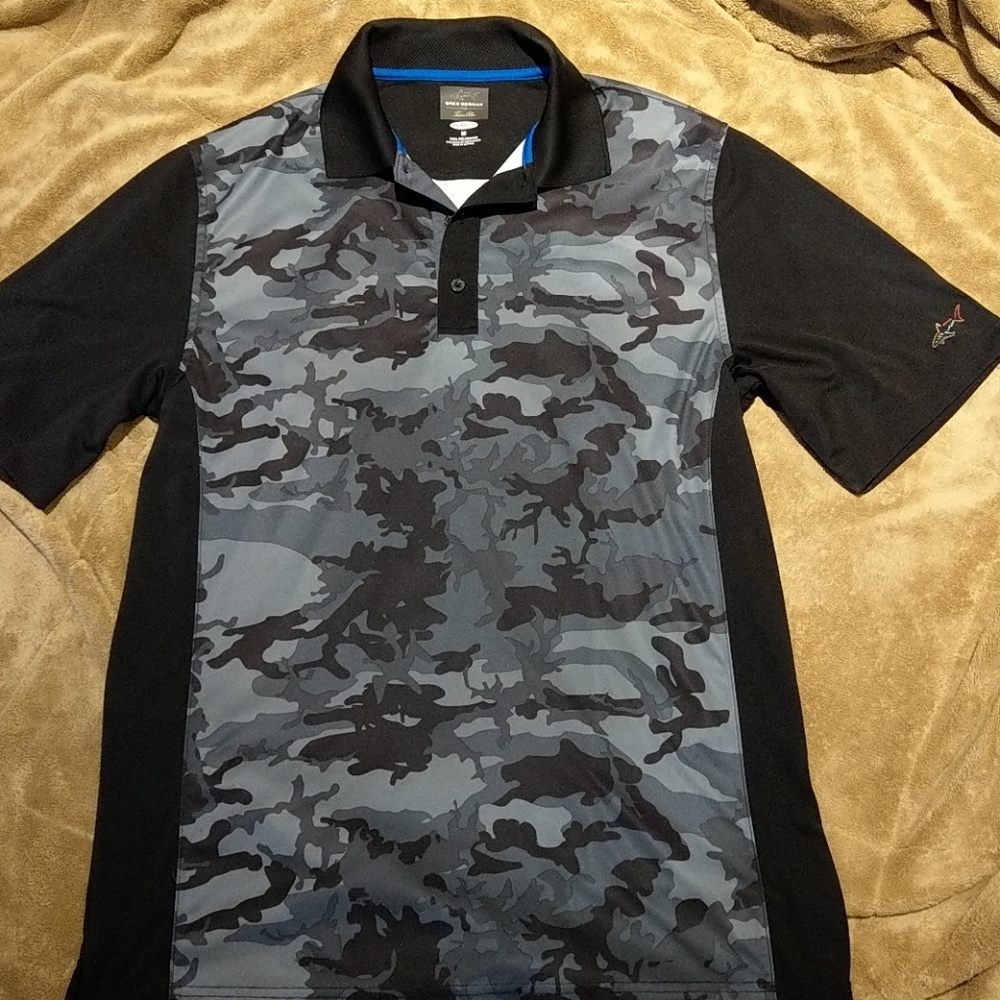 Black and grey army print golf shirt